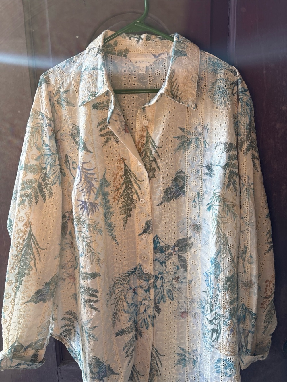 Adiva Cream Button-Down Eyelet Top with Teal Botanical Print